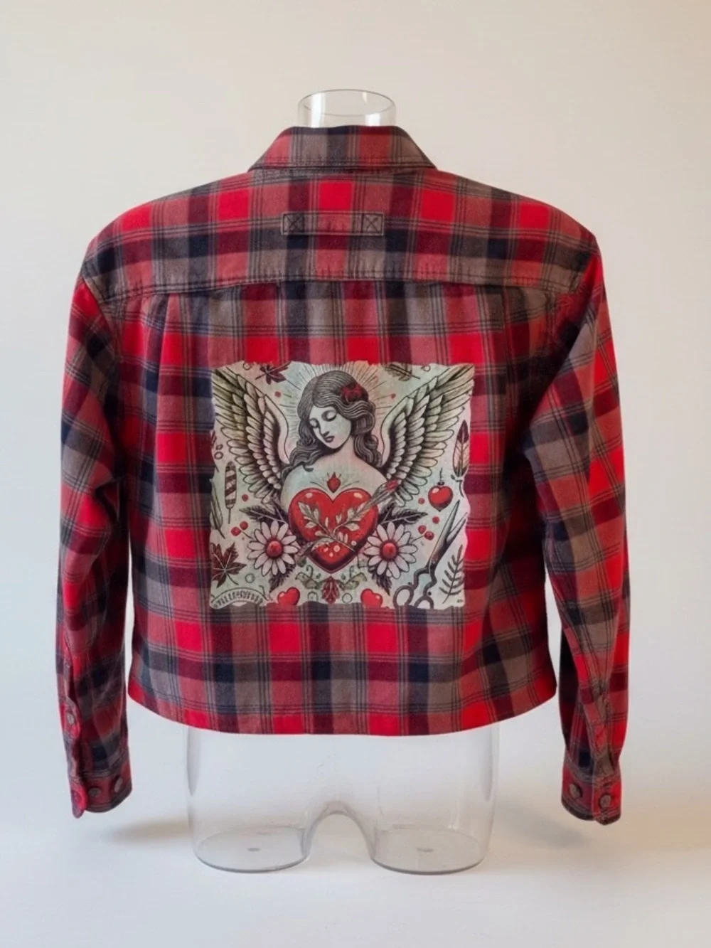 Duluth Trading Co, Custom Upcycled Flannel Shacket, Medium, Grunge, Red Plaid